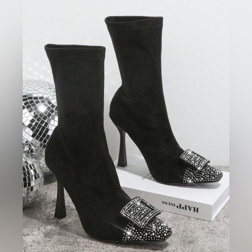Faux Suede Jeweled Detail Slip on Sock Booties